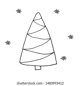 Single hand drawn New Year and Xmas tree. Doodle vector illustration for winter greeting cards, posters, stickers and seasonal design
