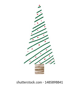 Single hand drawn New Year and Xmas tree. Doodle vector color illustration for winter greeting cards, posters, stickers and seasonal design.