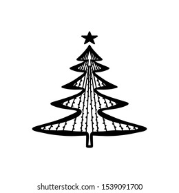 Single hand drawn New Year and Xmas tree. Doodle vector illustration for winter greeting cards, t shirt, cup, posters, stickers and seasonal design. Isolated on white background.