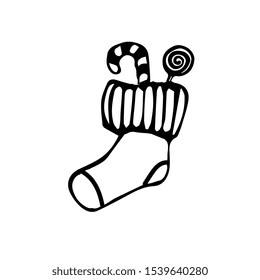 Single hand drawn New Year and Christmas sock. Doodle vector illustration for greeting cards, posters, stickers, design.