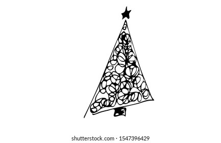 Single hand drawn New Year and Xmas tree. Doodle vector illustration for winter hollydays. Use this for greeting cards, posters, stickers, prints and seasonal design.