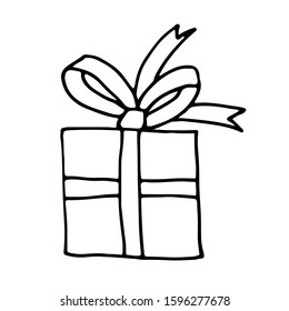 Single hand drawn New Year and Xmas gift box. Doodle vector illustration for greeting cards, posters, stickers and seasonal design. Isolated on white background.