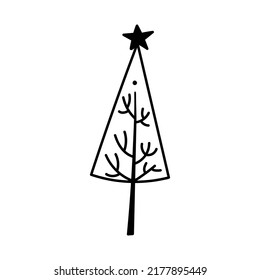 Single hand drawn New Year and Christmas tree. Doodle vector illustration for winter greeting cards, posters, stickers and seasonal design.