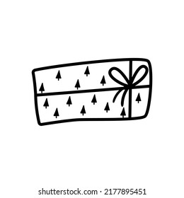 Single hand drawn New Year and Christmas gift box. Doodle vector illustration for greeting cards, posters, stickers and seasonal design. Isolated on white background.