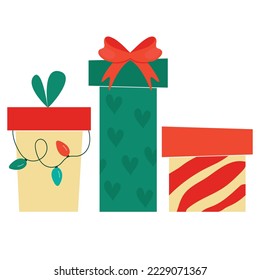 Cajas de regalo de Año Nuevo y Navidad dibujadas a mano única. Ilustración vectorial para tarjetas de felicitación, carteles, pegatinas y diseño estacional.