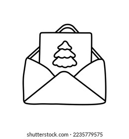 Einzelhandgezeichnete Silvester- und Weihnachtsgeschenkkarte mit Tannenbaum in Buchstaben. Doodle für Grußkarten, Poster, Aufkleber und saisonales Design.