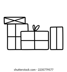 Single hand drawn New Year and Christmas gift boxes. Doodle for greeting cards, posters, stickers and seasonal design.