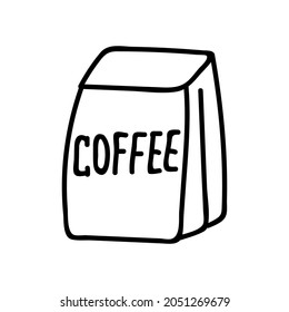 Single hand drawn package of coffee. Doodles vector illustration. Isolated on a white background.