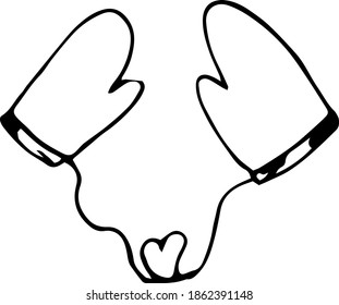 Un par de mitones calientes dibujados a mano para la ilustración de los niños. Ilustración del vector Doodle. Aislados sobre un fondo blanco, gráficos en blanco y negro
