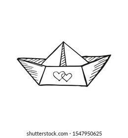 Single hand drawn paper boat with two hearts. In doodle style, black outline isolated on a white background. Cute element for design instagram stories, stickers. Valentine's day vector illustration.