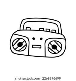 Single hand drawn portable tape recorder. Doodle vector illustration. Isolated on a white background.