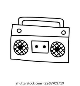 Single hand drawn portable tape recorder. Doodle vector illustration. Isolated on a white background.