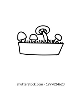 Single hand drawn pot with mushrooms. Doodle vector illustration. Isolate on a white background. Goblincore print.