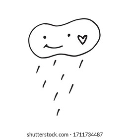 Single hand drawn rainy cloud illustration in doodle style in vector. Sweet cloud with rain drops. Weather icon.
