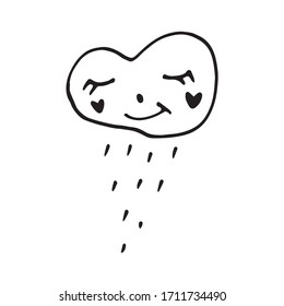 Single hand drawn rainy cloud illustration in doodle style in vector. Sweet cloud with rain drops. Weather icon.