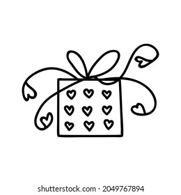 Single hand drawn romantic gift box with hearts. Doodle vector illustration. Isolated on a white background.