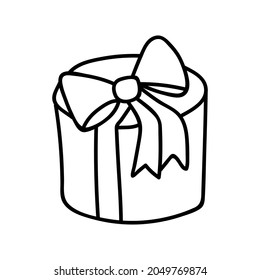 Single hand drawn round gift box. Doodle vector illustration. Isolated on a white background.