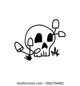 Single hand drawn skull with mushrooms. Doodle vector illustration. Isolated on a white background. Goblincore style. 