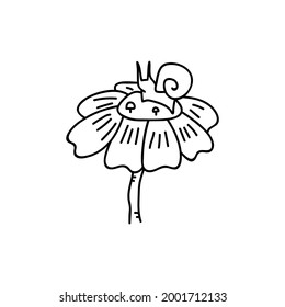 Caracol dibujado con una sola mano sobre una flor. Ilustración del vector Doodle. Aislado sobre un fondo blanco. Estilo Goblincore