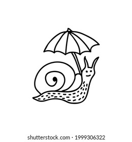 Single hand drawn snail with umbrella. Doodle vector illustration. Isolate on a white background. Goblincore print.