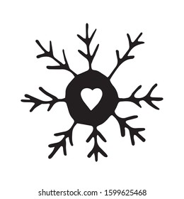Single hand drawn snowflake. Doodle vector illustration. Winter element for greeting cards, posters, stickers and seasonal design. Isolated on white background