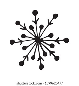 Single hand drawn snowflake. Doodle vector illustration. Winter element for greeting cards, posters, stickers and seasonal design. Isolated on white background