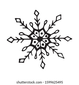 Single hand drawn snowflake. Doodle vector illustration. Winter element for greeting cards, posters, stickers and seasonal design. Isolated on white background