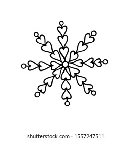 Single hand drawn snowflake with hearts. Vector illustration for greeting cards, stickers, posters and icon design. 