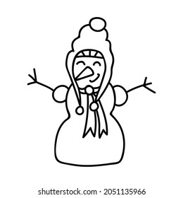 Single hand drawn snowman. Holidays doodles vector illustration. Isolated on a white background.
