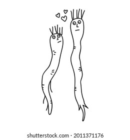 Einziger handgezeichneter Karotten in Liebe. Doodle, Vektorgrafik. Einzeln auf weißem Hintergrund.