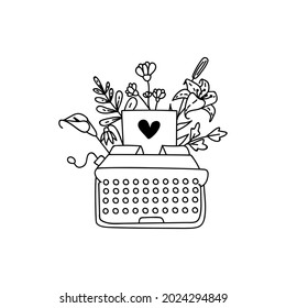 Single hand drawn typewriter is decorated with flowers and leaves. Doodle vector illustration. Isolated on a white background.