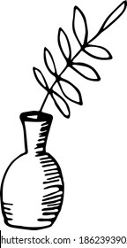Single hand drawn vase with a twig with leaves for children's illustration. Doodle vector illustration. Isolated on a white background, black and white graphics