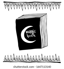 Single hand drawn witch book for greeting cards, posters, comics design. Isolated on white background. Doodle vector illustration. lettering - magic book