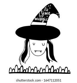 Single hand drawn witch for greeting cards, posters, comics design. Isolated on white background. Doodle vector illustration. lettering - its time for magic