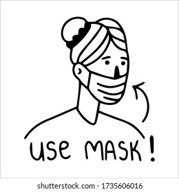 Single hand drawn woman wearing mask on her face. Doodle stock vector illustration. element for posters, stickers. Isolated on white background. Sketch elements set for graphic and web design.
