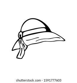 Single hand drawn women's beach hat with ribbon isolated on white background. Doodle, simple outline illustration.