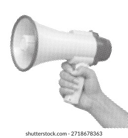 Una sola mano agarrando un megáfono. La Imagen utiliza un patrón de punto semitono para sombrear y texturizar. Aislado en un fondo blanco. Perfecto para conceptos de anuncio o protesta.