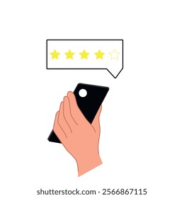 Single hand holding smartphone with star rating icon. Online product reviews and quality assessment concept. E-commerce customer feedback and satisfaction tracking.