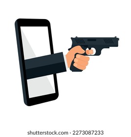 Single hand holding Thompson submachine gun through mobile phone. Concept of mafia video games, e-sport, entertainment application for smartphones. vector EPS 10