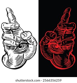 A single hand pointing upward with an eye embedded in the palm, symbolizing mysticism and insight, shown in black and red designs.