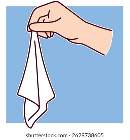 Single hand stretches a white piece of fabric downward on a flat blue background. Minimalistic design represents fabric flexibility, laundry process, or softness check