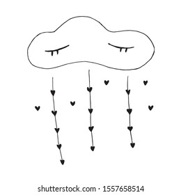 Single hand sweet cloud with hearts for greeting cards, posters, stickers and seasonal design. Isolated on white background. Doodle vector illustration.