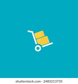 Single handcart 2 heavy boxes shipping delivery icon. Trolly service.flat stroke style trendy  logotype graphic art design element isolated on blue background. 