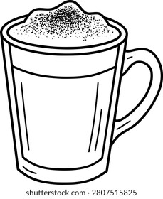 A single hand-drawn black and white line art vector illustration of a tall glass coffee mug filled with hot latte, cappuccino, or cocoa. Topped with thick milk froth and dusted cocoa powder sprinkles. Isolated on a white background, ideal for cafe menu designs, coffee shop branding, coloring pages, and sticker illustrations.