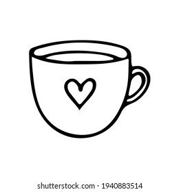 Single hand-drawn cup of tea, coffee, chocolate, cocoa. Cup with a heart. Doodle vector illustration.