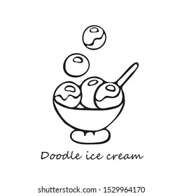 Single hand-drawn dessert bowl with scoops of ice cream. In doodle style, black outline isolated on a white background. For banners, cards, coloring books, design, business. Vector illustration.