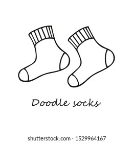 Single hand-drawn pair of socks. In doodle style, black outline isolated on a white background. For banners, cards, coloring books, design, business. Vector illustration.