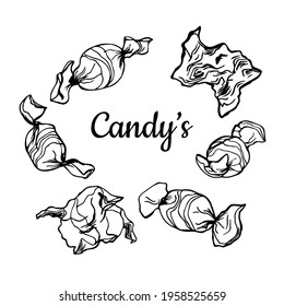 Single Hand-drawn Sweets Collection . Doodle Vector Illustration. Isolated On White Background. Wrapped Hard Candy Hand Drawn Doodle Sketch, Lollipop Drawing, Vintage Doodle Outline Illustration Style