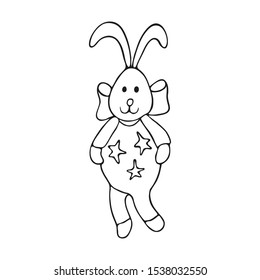 Single hand-drawn toy rabbit dressed in pajamas with stars. In doodle style, black outline isolated on a white background. For banners, cards, coloring book, design, stickers. Vector illustration.