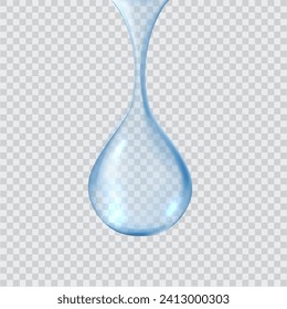 Un conjunto de ilustraciones vectoriales realistas de gotas de lluvia colgantes individuales. Cae agua dulce. Fugas claras de líquido azul diseño 3d sobre fondo transparente